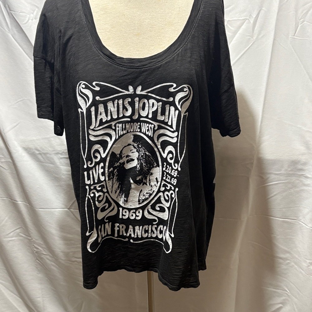 Janis Joplin Graphic Scoop Neck Tee - Black